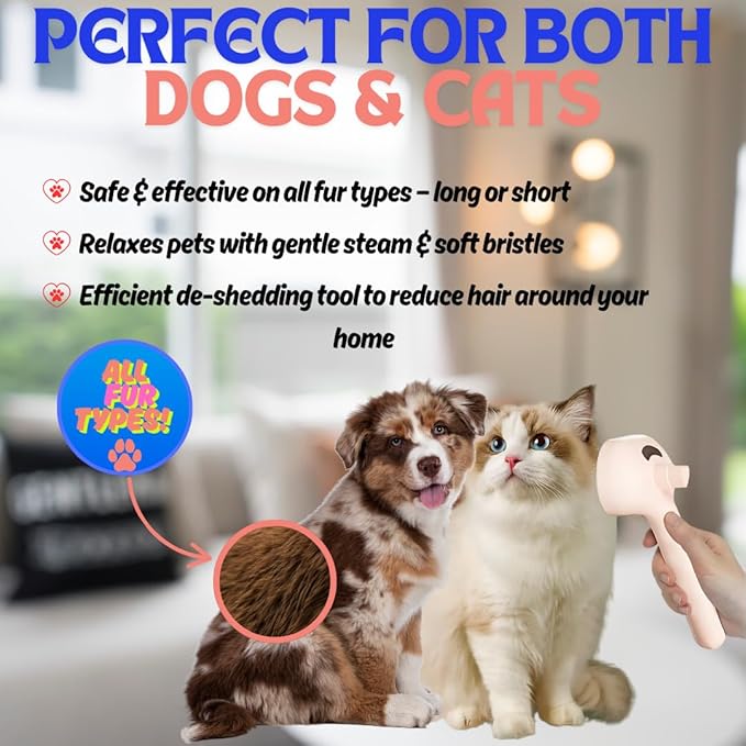 Pet Steam Brush for Cats Dogs, 3-in-1 Cat Grooming Tool with Water Spray and Quick Hair Release Button, Hair Removal Comb for Shedding, Steamy Brush (Pink)