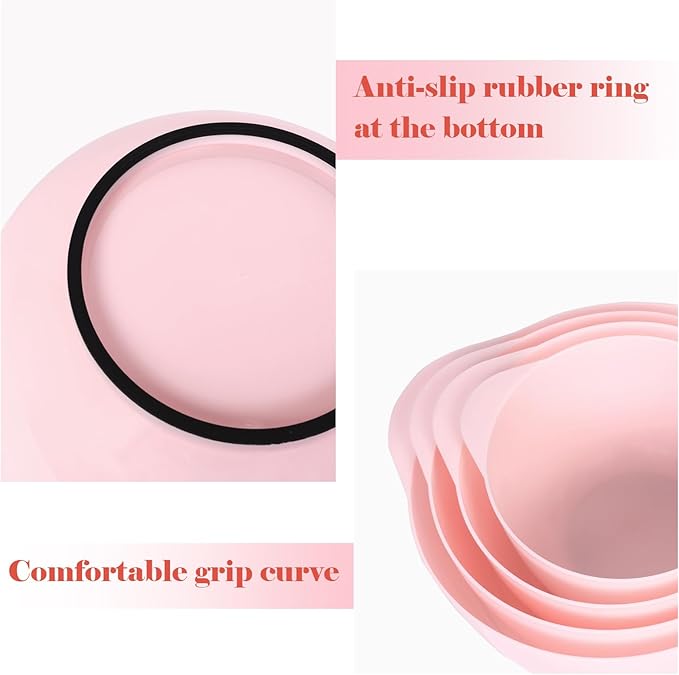 BoxedHome Nesting Plastic Mixing Bowl Set, 4 Piece Mixing Bowl Set with Pour Spouts, Size 1.7, 2.5, 3.5 and 4.5qt, for Prepping, Mixing, Baking, Cooking(2023 New Version, Pink)