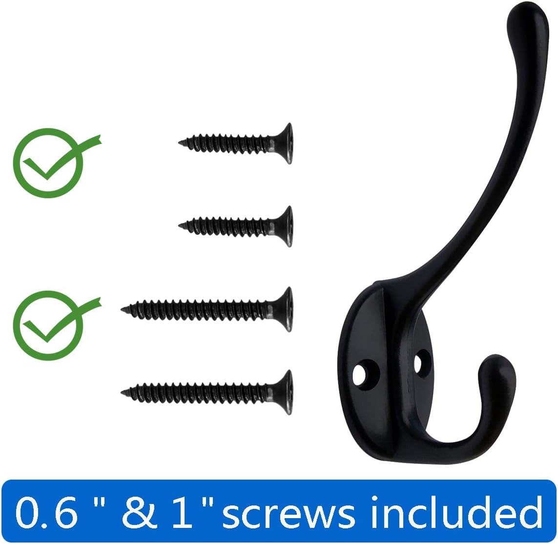 IBosins 10 Pack Heavy Duty Dual Coat Hooks Wall Mounted with 40 Screws Retro Double Hooks Utility Black No Rust Hooks for Coat, Scarf, Bag, Towel, Key, Cap, Cup, Hat (Black)
