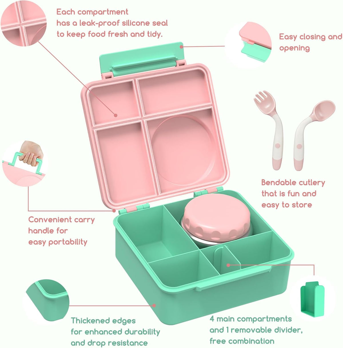 Bento Box for Kids - Leak-Proof Lunch Box with Insulated Thermos Food Jar - 4 Compartments, 1 Removable Divider, 1Spoon, 1 Fork - Dishwasher Safe, BPA-Free (Light pink)