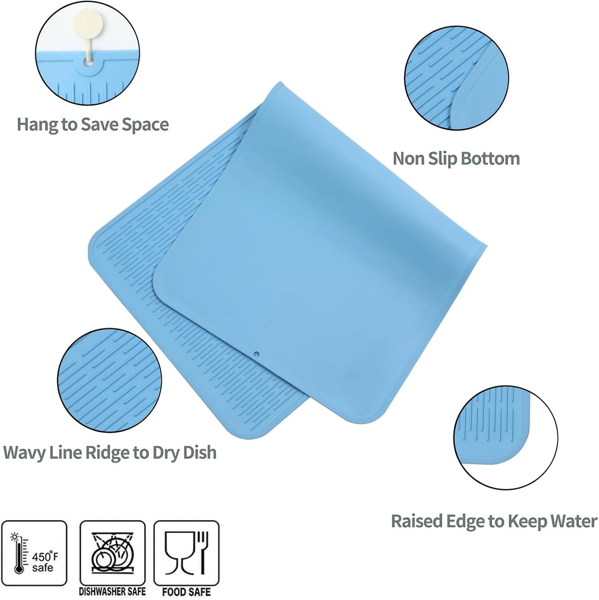 Silicone Dish Drying Mat for Multiple Usage,Easy clean,Eco-friendly,Heat-resistant Silicone Mat for Kitchen Counter or Sink,Refrigerator or Drawer Liner Light Blue 5XL 36inches x 18inches