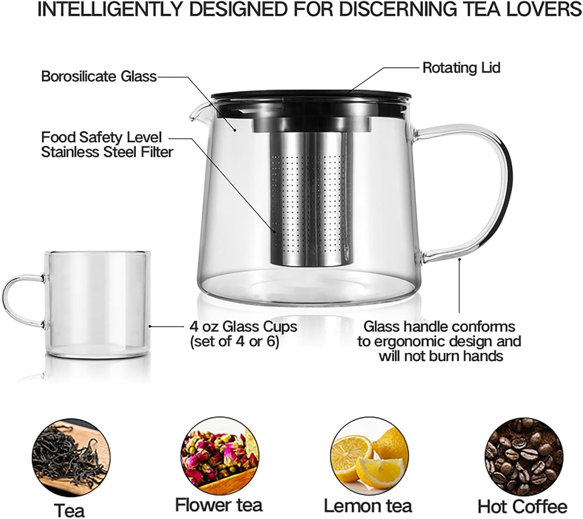 Glass Teapot 34oz/1000ml with 4 Pack Tea Cups Gift Set, Removable Stainless Steel Infuser, Heatproof Borosilicate Glass, Stovetop Safe for Loose and Blooming Leaf Tea