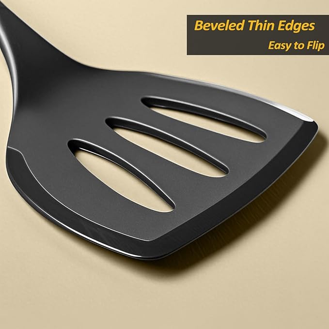 Silicone Pancake Spatula Turner with Lengthened Handle& Seamless Design, Heat Resistant Slotted Flipper for Nonstick Cookware, Large Flexible Kitchen Utensils for Egg, Pancake, Burger, Black