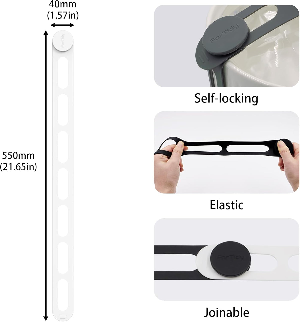 Silicone Utility Strap for Slow Cooker Lid, Pot, Bento Box, 21.65 In Reusable Elastic Self-Lock Silicone Tie for Bundling or Organizing Curtain, Cords, Yoga Mat, Camping Mat, 2pcs (White&White)