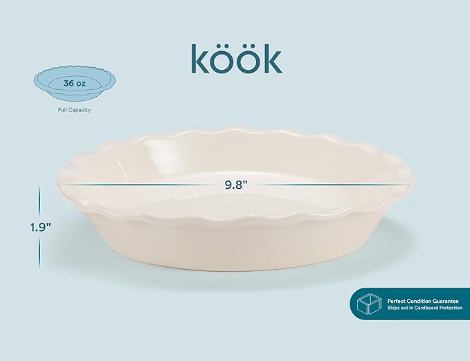 KooK Pie Pan, Ceramic Reusable Round Pie Dish, Quiche Baking Dish, Deep, Wave Edge, For Cakes, Tart, Casseroles, Tarts, Microwave, Oven and Dishwasher Safe, 9-Inch, 36 oz, Set of 2, Ivory