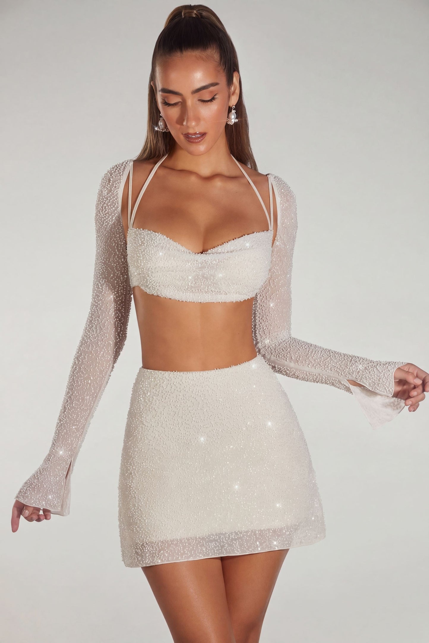 Embellished Long Sleeve Crop Top in Ivory