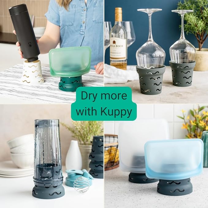 Kuppy Silicone Water Bottle Drying Rack - Fast-Dry Bottle Dryer for 20-64oz Cups - Reusable Food Storage Bag Drying Rack - Compatible with Stanley, Owala, Stasher (Gray, 4-Pack)
