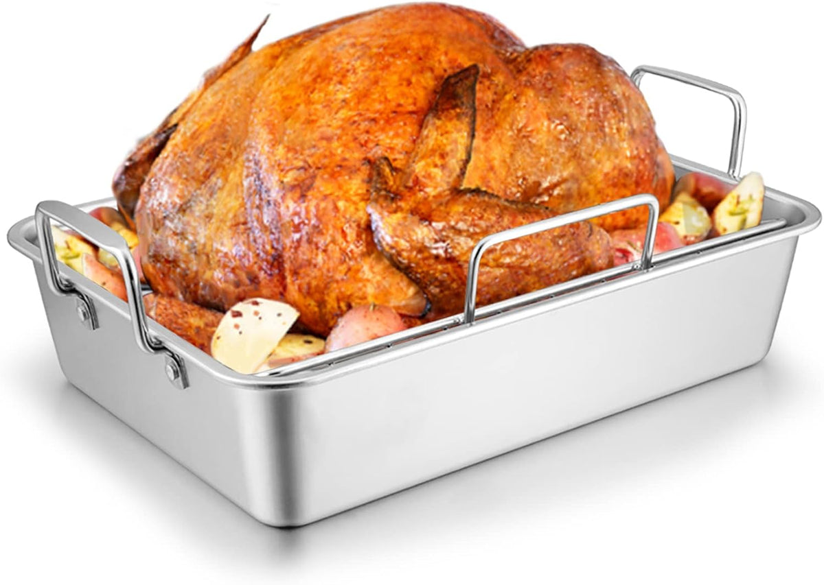 Roasting Pan with Rack for Turkey Chicken, Joyfair Stainless Steel Roaster Pan and V-rack for Toaster Oven, Rectangular Bakeware with Sturdy Handles, Heavy Duty & Dishwasher Safe (Large)