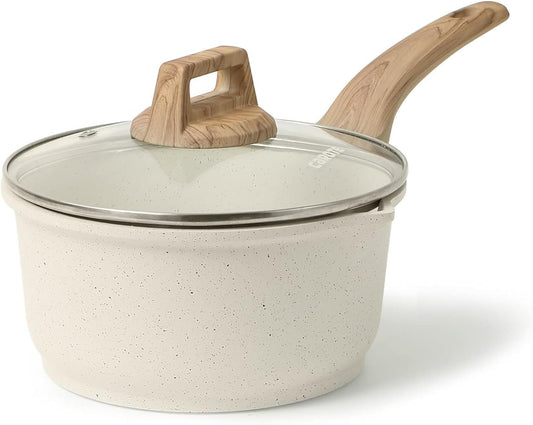 CAROTE 1.8Qt Sauce Pan Set with Lid Nonstick Saucepan Non Stick Sauce Pots Cooking Pot with Pour Spout, Easy to Clean, Small Kitchen Pots Induction Pot, PFOA FREE (White Granite)
