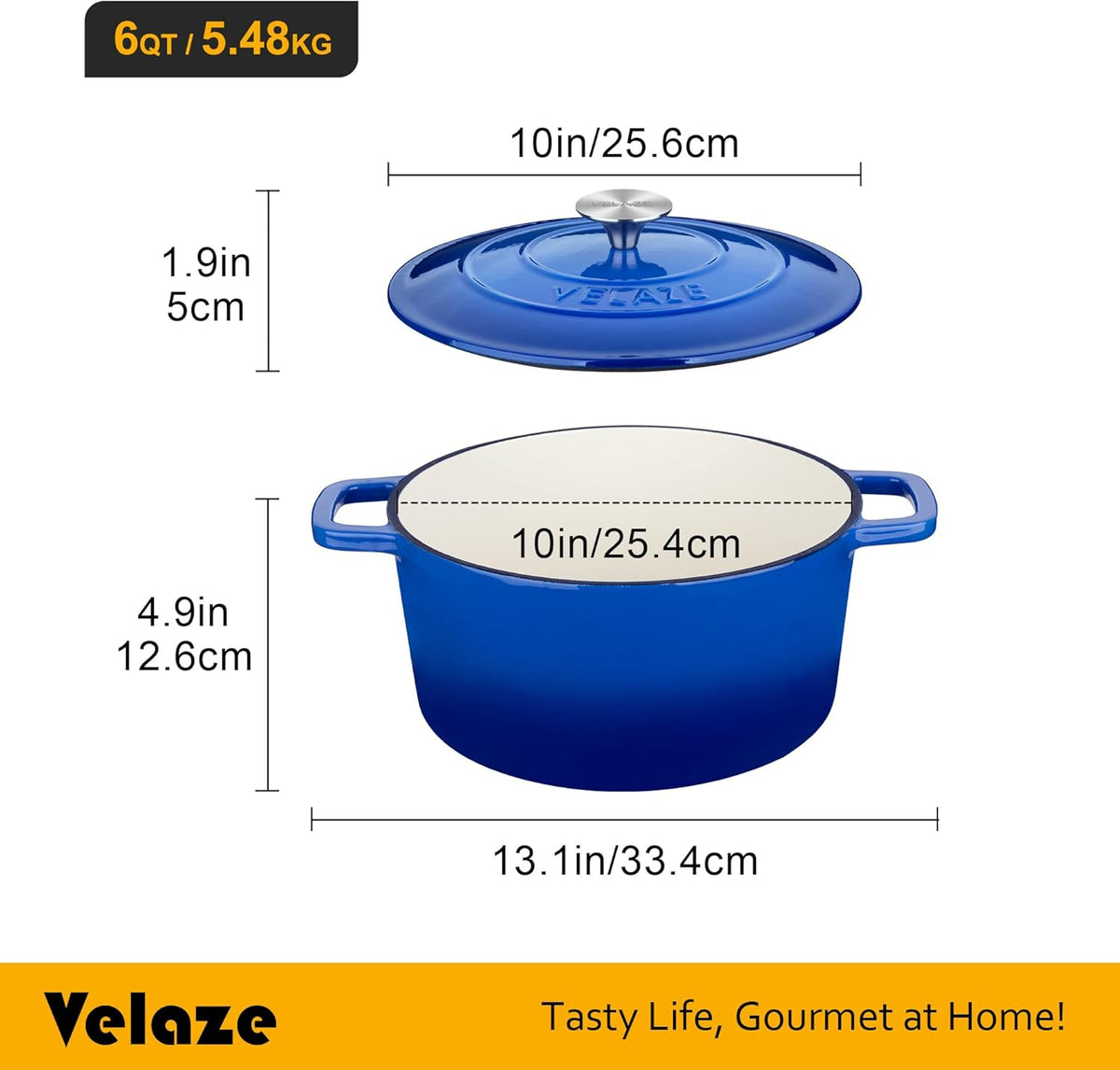 Velaze 6 QT Enameled Dutch Oven Pot with Lid, Cast Iron Dutch Oven with Dual Handles for Sourdough Bread Baking, Cooking, Non-stick Enamel Coated Cookware (Blue)