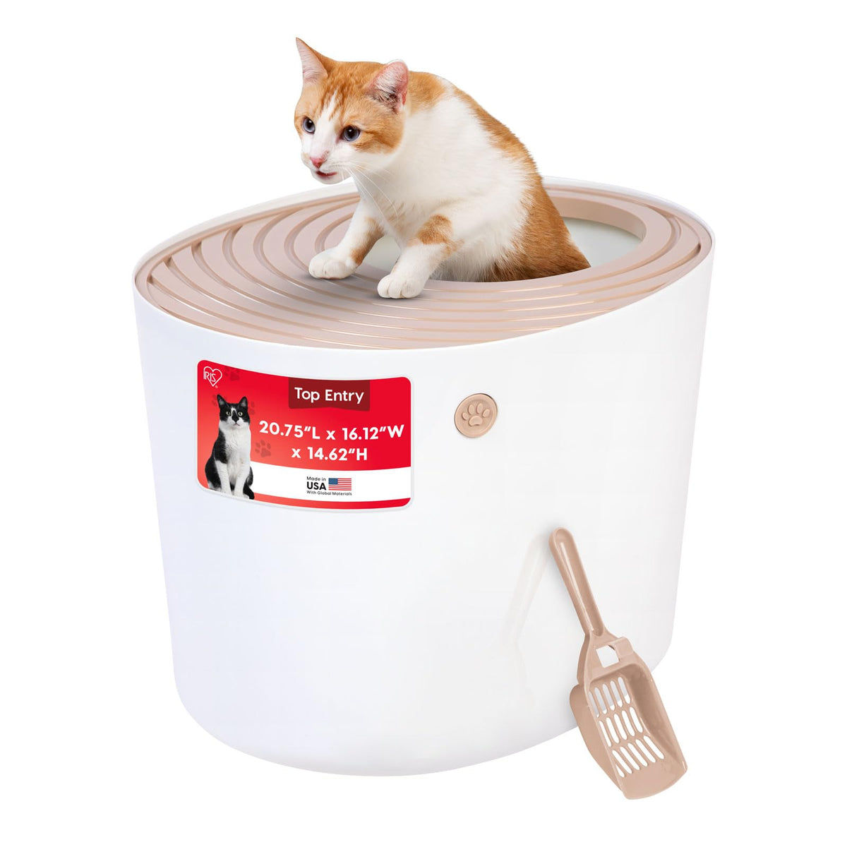 IRIS USA Top Entry Cat Litter Box, Hooded Privacy, Large, Beige/White