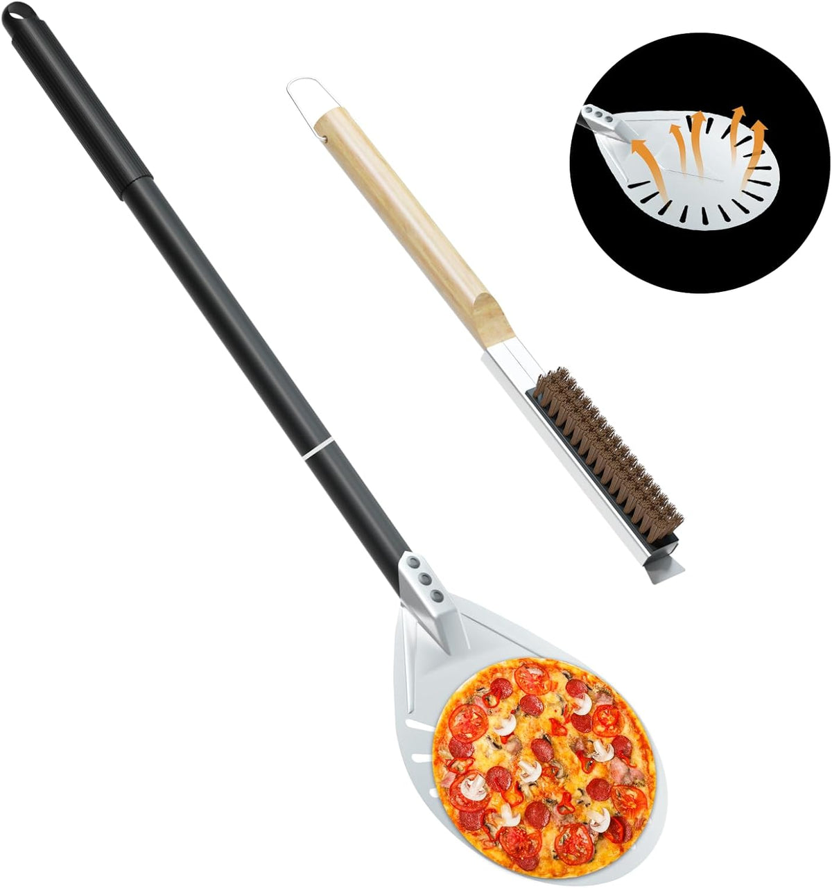 Yofuly 9 Inch Pizza Turning Peel with Oven Brush & Stone Scraper, Perforated Turner Tools Kit for Homemade Baking Pizza, 2PCS Outdoor Pizza Oven Accessories