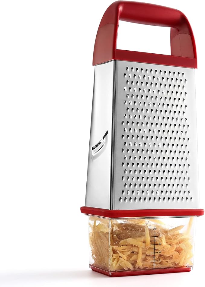 Spring Chef Professional Red 10" Parmesan Cheese Grater With Container, Stainless Steel & Soft Grip Handle, 4 Sided Kitchen Carrot Shredder, Handheld Box Grater for Potato, Veggie, Ginger, Hashbrown