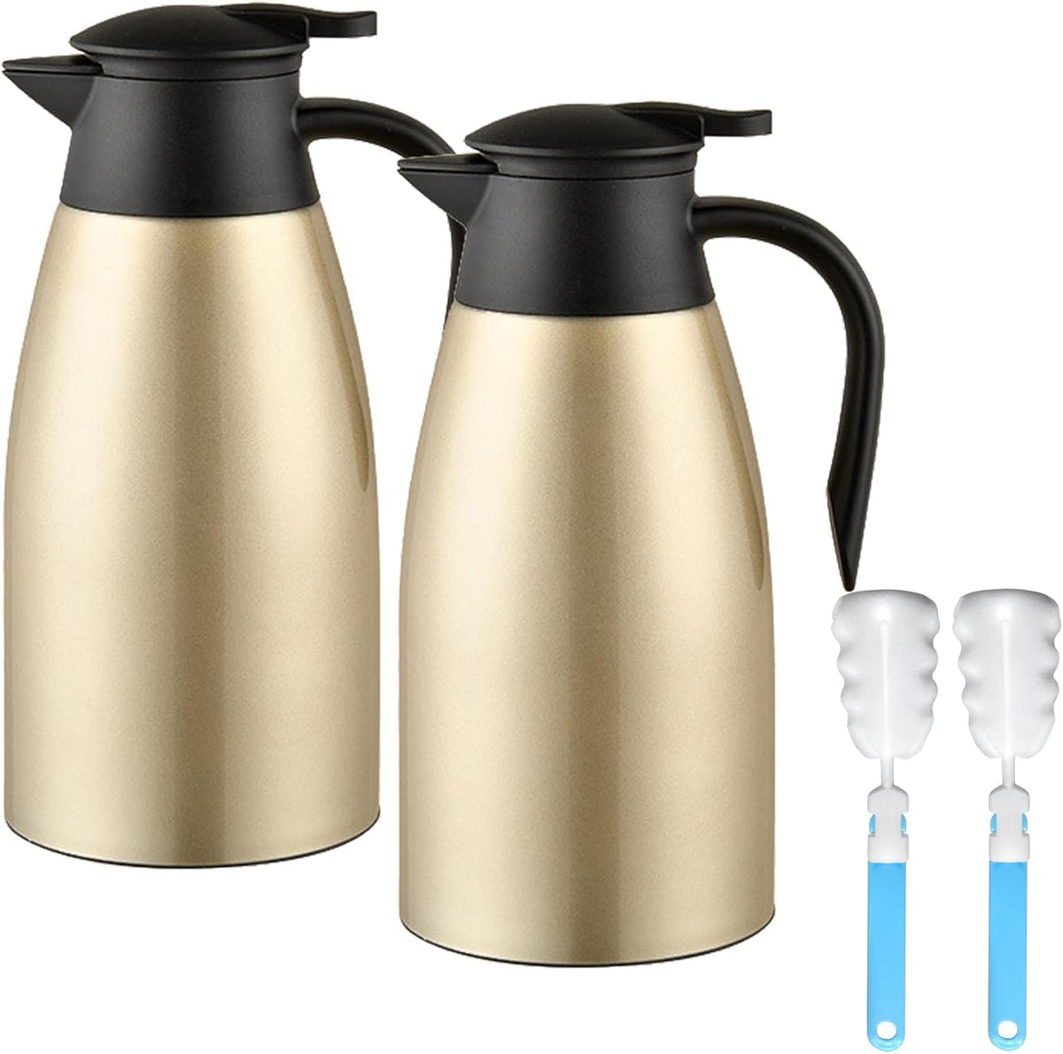 70 oz Thermal Coffee Carafe, Updated 2 PCS Insulated Stainless Steel Coffee Carafes for Keeping Hot Coffee & Water Hot Beverage-12Hours, Double Walled Vacuum Coffee Carafe(Gold+Gold)