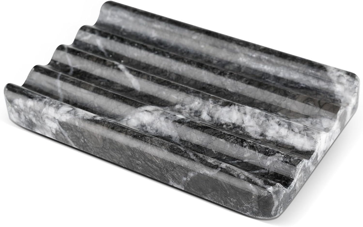 Marble Soap Dish, Bar Soap Holder Shower, Black Soaps Bathroom Saver with Water Ripple Design, Easy Cleaning Natural Stone Sponge Holder for Kitchen Sink, Executive Jewelry Ring Tray