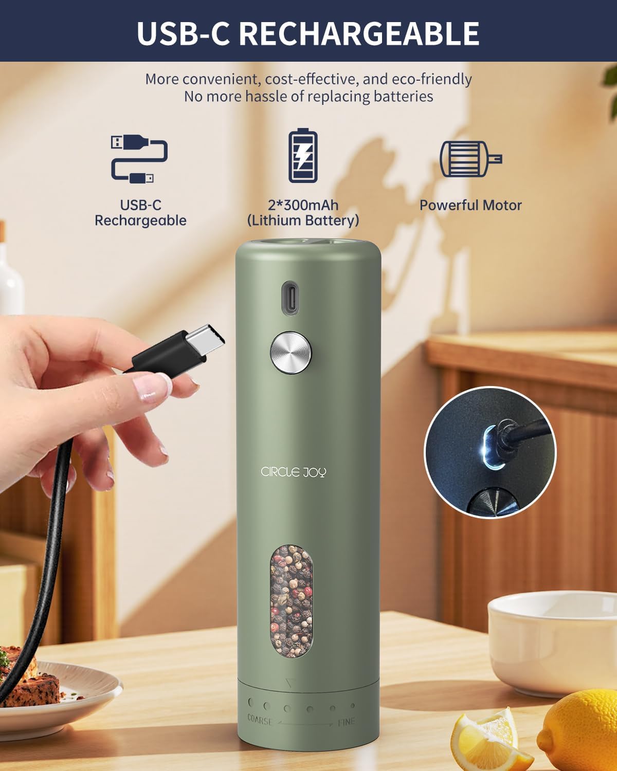 CIRCLE JOY Rechargeable Electric Salt and Pepper Grinder Set with Base, Automatic Pepper Mills with 110ml Container, External Adjustable Coarseness, White Led Light and One-Handed Operation, Green
