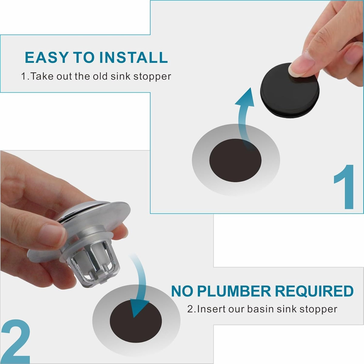 Chrome Bathroom Sink Drain Stopper,Welsan Universal Pop-Up Drain Stopper Plug Strainer with Hair Catcher for 1 1/8"-1 1/2" Drain Hole-2 Pack