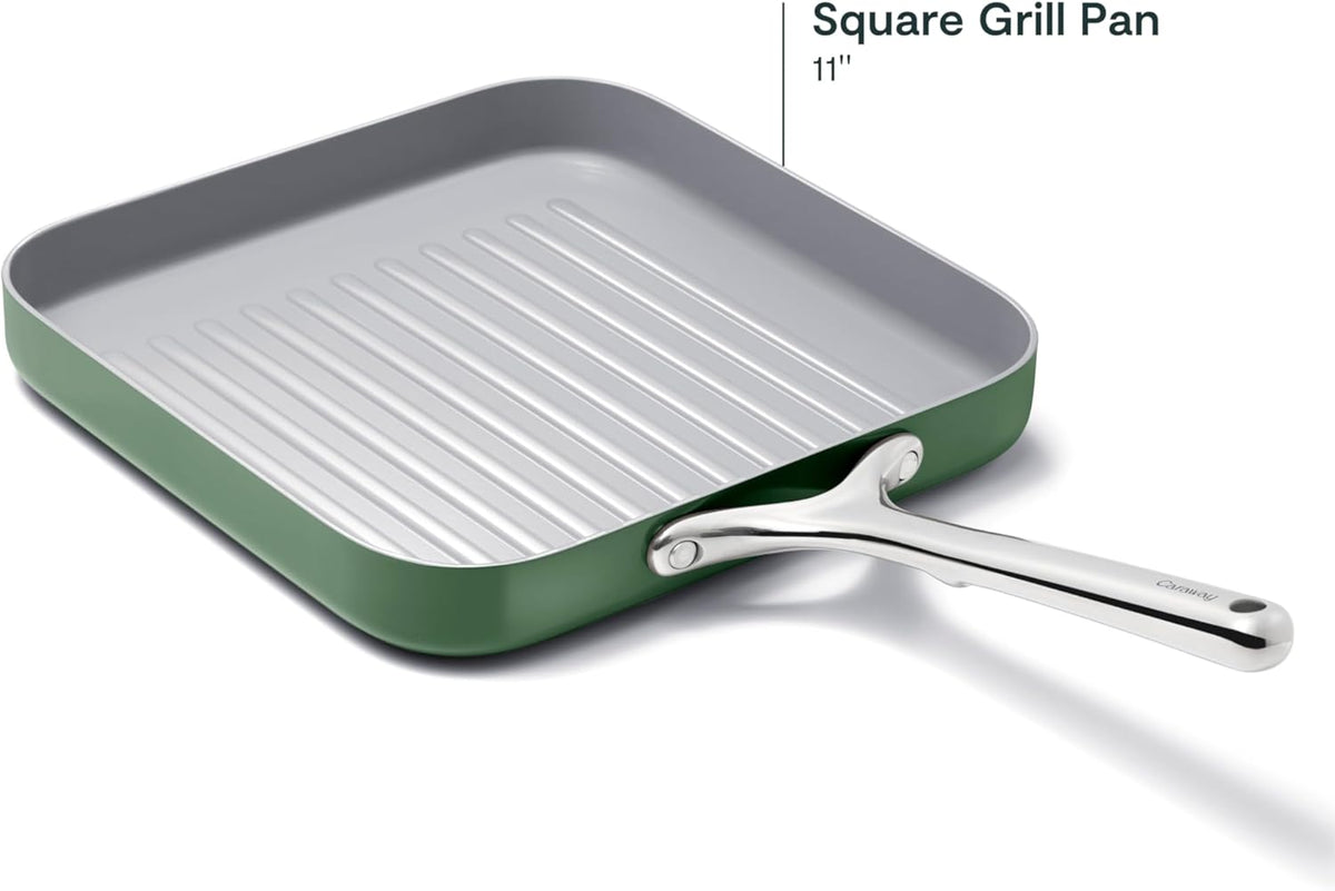 Caraway Square Grill Pan - 11” Grill Pan - Non-Stick Ceramic Coated - Non Toxic, PTFE & PFOA Free - Oven Safe & Compatible with All Stovetops - Sage