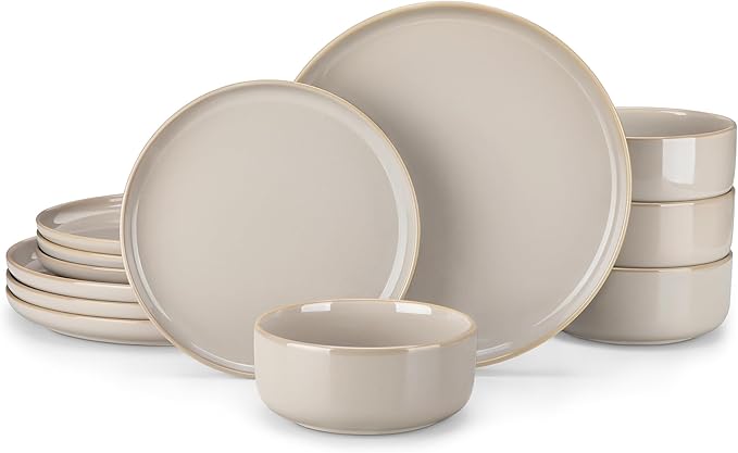 vancasso PLAYA Plates and Bowls Sets,12 Pieces Grey Dinnerware Sets for Kitchen,Reactive Glaze Dishes Set for 4,Dishwasher and Microwave Safe