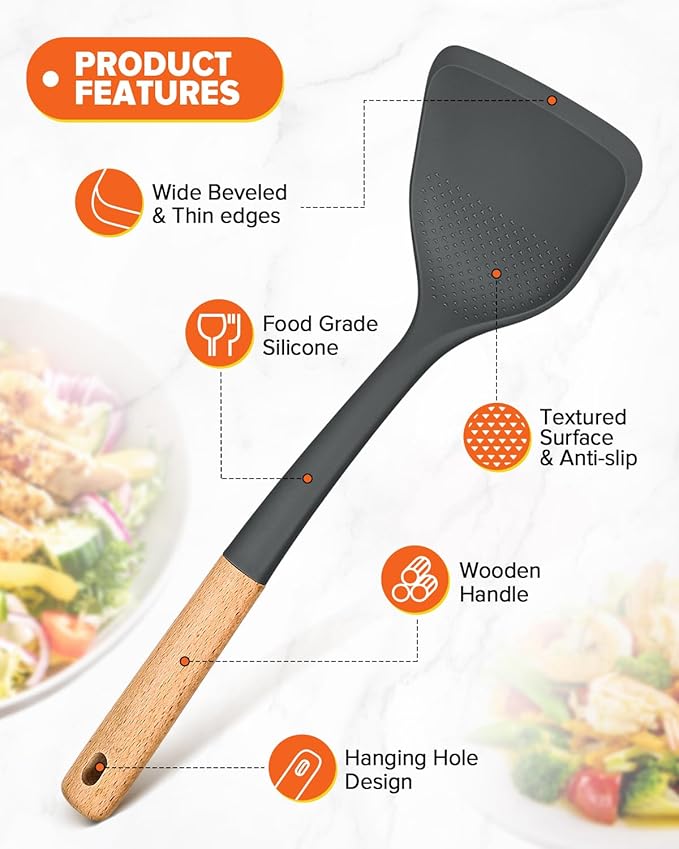 Silicone Wok Spatula Turner Set, Perfect for Scooping, Flipping, Lifting Pancakes and Picking up Veggies, BPA-Free Matte Silicone, Wooden Handles, Safe for Nonstick Cooking Surfaces (Grey)