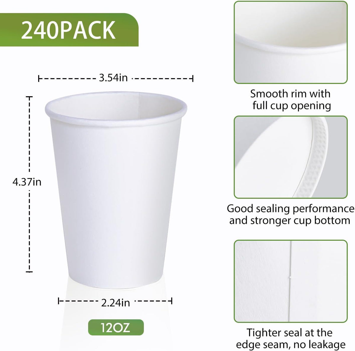 LITOPAK 240 Pack 12 oz Disposable Paper Coffee Cup, White Paper Hot Coffee Cups, Suitable for Party, Picnic, Travel, and Events