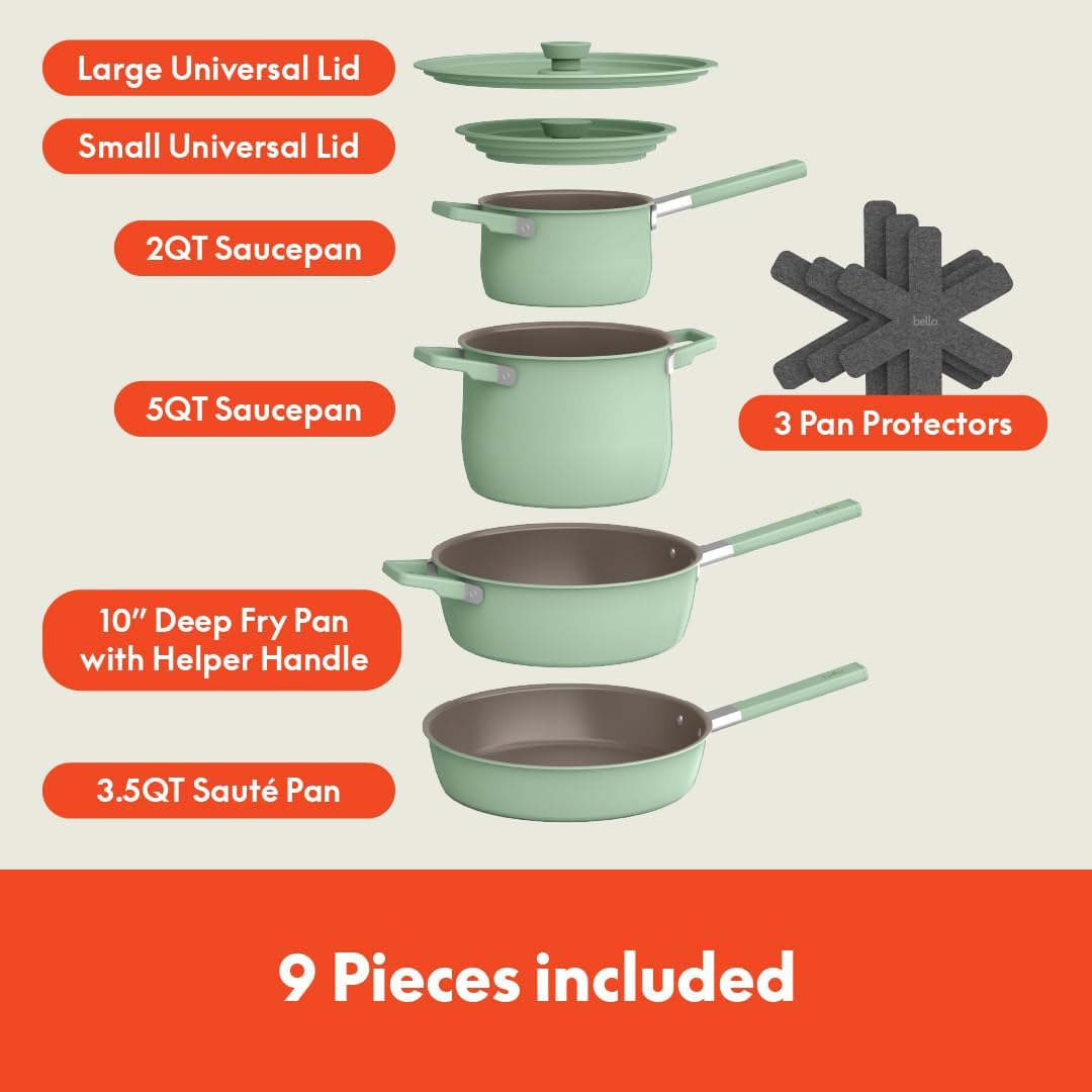 bella 9 Piece Ceramic Nonstick Cookware Set, Fits-anywhere™ Kitchenware w EverGood™ Coating, Dishwasher & Oven Safe, All Stovetops Compatible, Stackable Design, Cool Touch Handles, Seaglass
