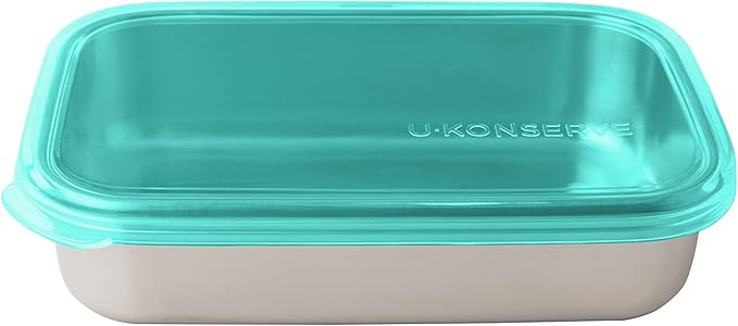 U Konserve Stainless Steel Rectangle Food Storage Bento Box Container, Leak Proof Silicone Lid Dishwasher Safe - Plastic Free, (25oz Island Teal)