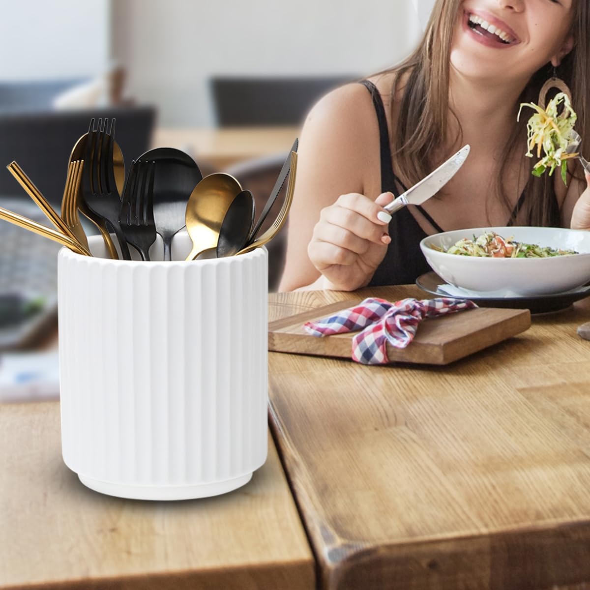Kitchen Holder for Cooking Utensils, Kitchen Crocks for Storing Utensils (H5.51” x W4.92”), Flatware & Utensil Storage Spoon Stand Ceramic, Includes Silicone Drying Mat Milk Tea Color