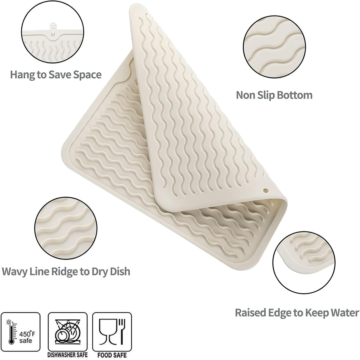 Silicone Dish Drying Mat for Multiple Usage,Easy clean,Eco-friendly,Heat-resistant Silicone Mat for Kitchen Counter or Sink,Refrigerator or Drawer liner Tapioca M 12 inches x 12 inches