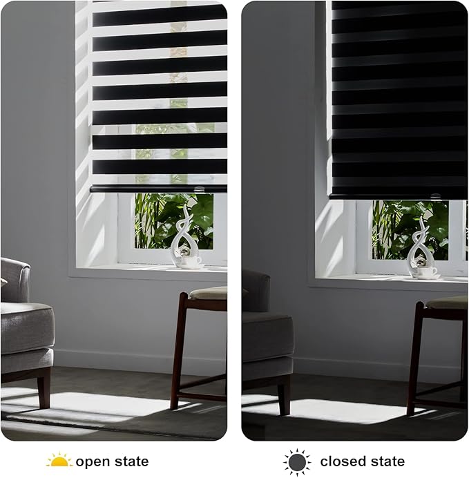 Persilux Cordless Zebra Blinds for Windows Free-Stop Window Shades (27" W X 72" H, Black) Dual Layer Light Control for Day and Night, Light Filtering Sheer Shades for Home, Easy to Install