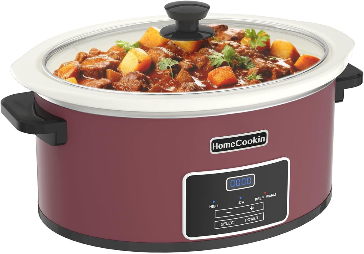 HOMECOOKIN 6-Quart Programmable Slow Cooker with Timer - Small Kitchen Appliance for Family Dinners - Serves 6+ People - Heat Settings: Keep Warm(Red Shell + White Ceramic Liner)