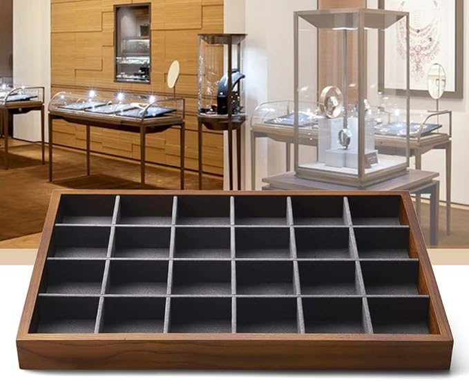 Oirlv 24 Grid Wood Jewelry Tray Microfiber Interior Jewelry Drawer Organizer Showcase Display Box Ring Earrings Holder(Grey)