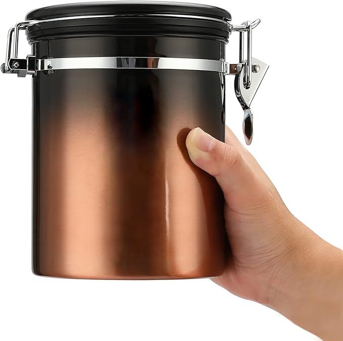 Coffee Canister, Airtight Coffee Container with Date Tracker Lid, Stainless Steel Canister for Kitchen Food Storage (Black-Copper, 16oz)