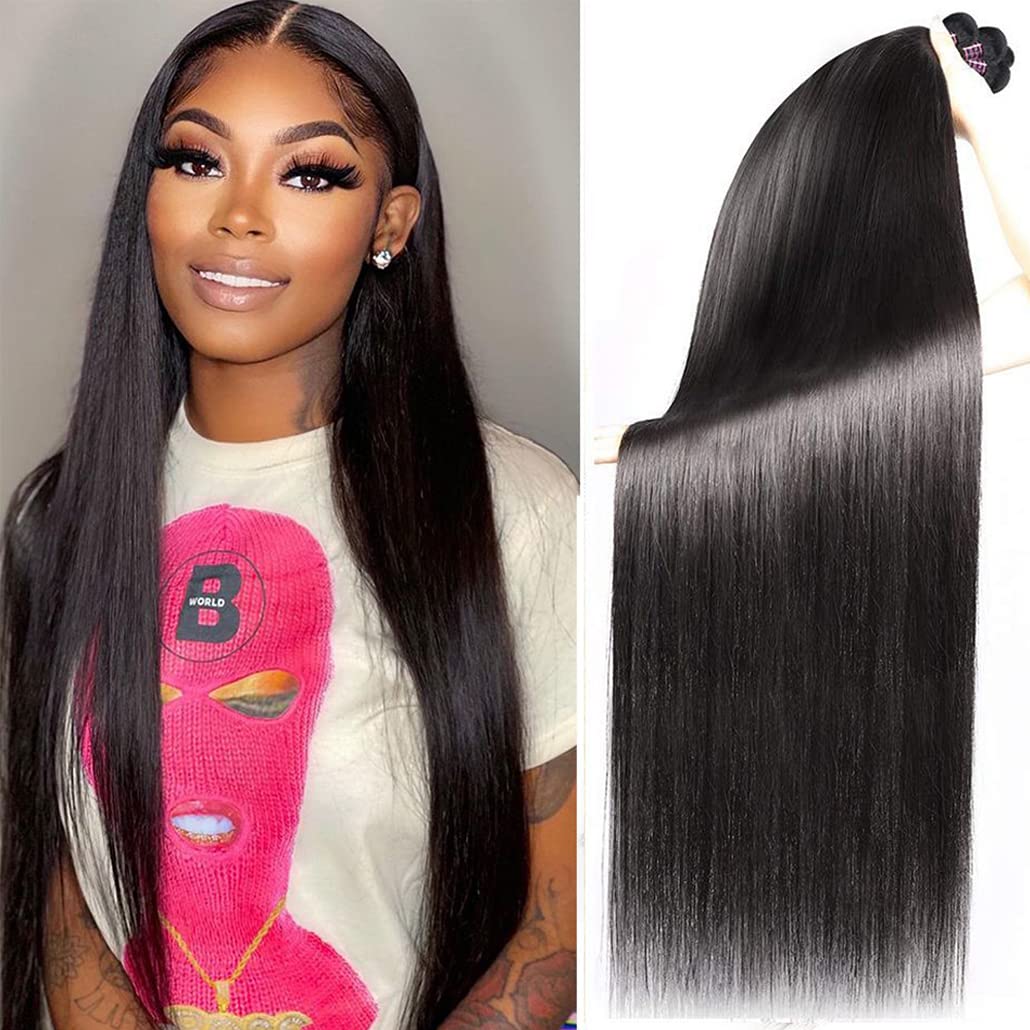 Younsolo Straight Bundles Human Hair 4 Bundles 14 16 18 20 Inches Straight Hair Bundles Brazilian Virgin Hair Natural Black Colo