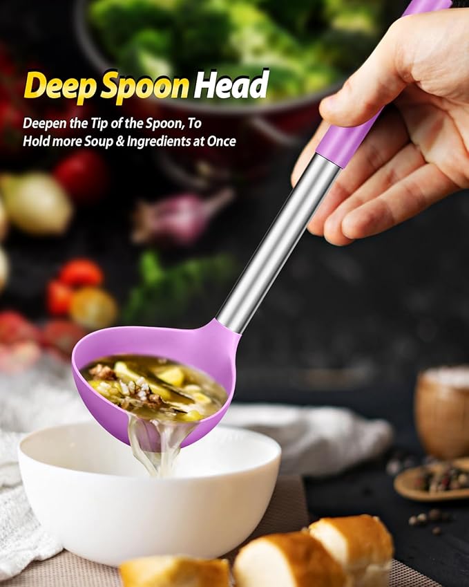 Silicone Pasta Fork and Ladle Spoon Set, Large Non Stick Kitchen Utensils for Cooking,Stirring,Serving Spaghetti, Soup, Sauce (PURPLE)