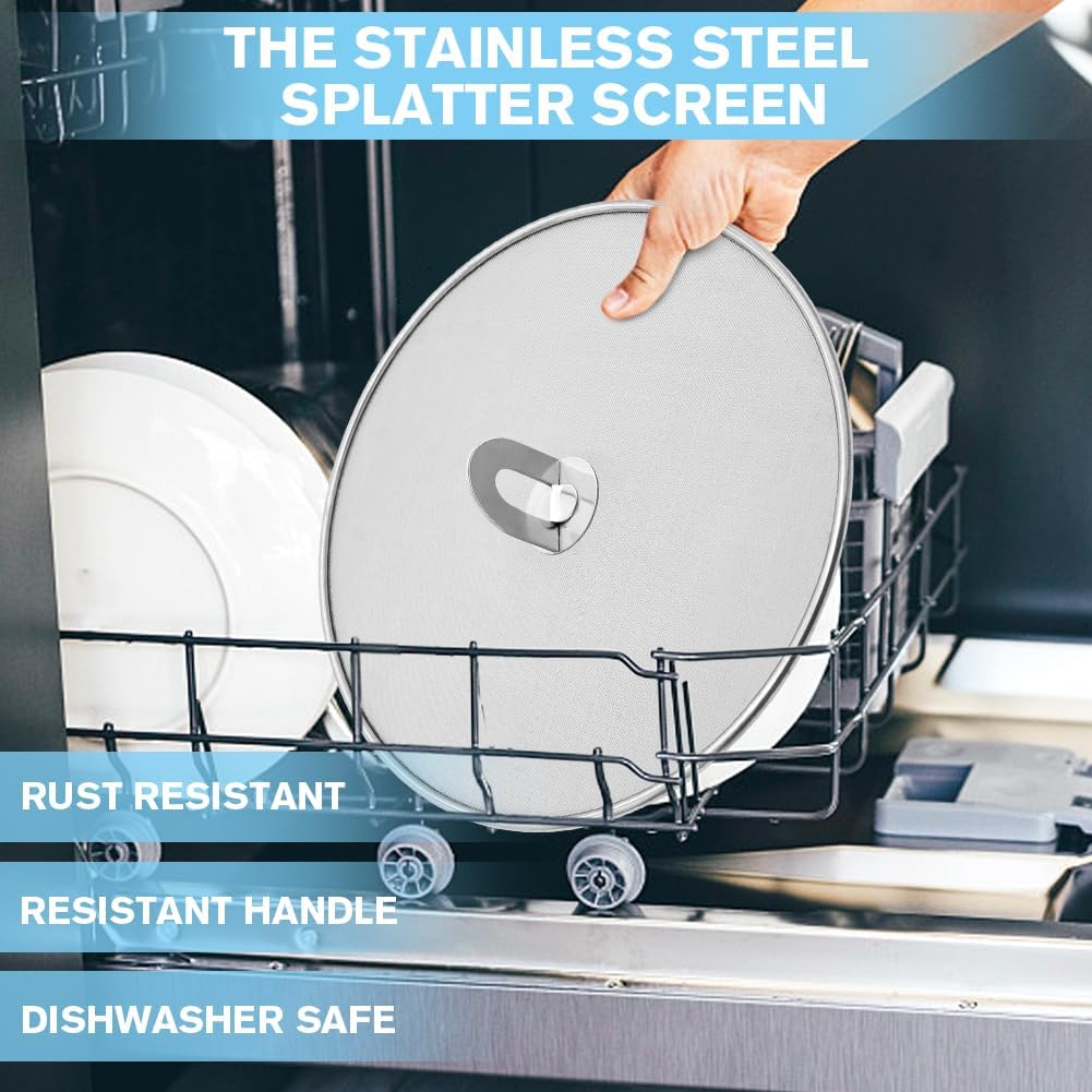 Splatter Screen for Cooking - Stainless Steel Grease Splatter Guard for Frying Pan with Foldable Knob, As a Strainer Set of 3(10", 11.5", 13"), Dishwasher Safe