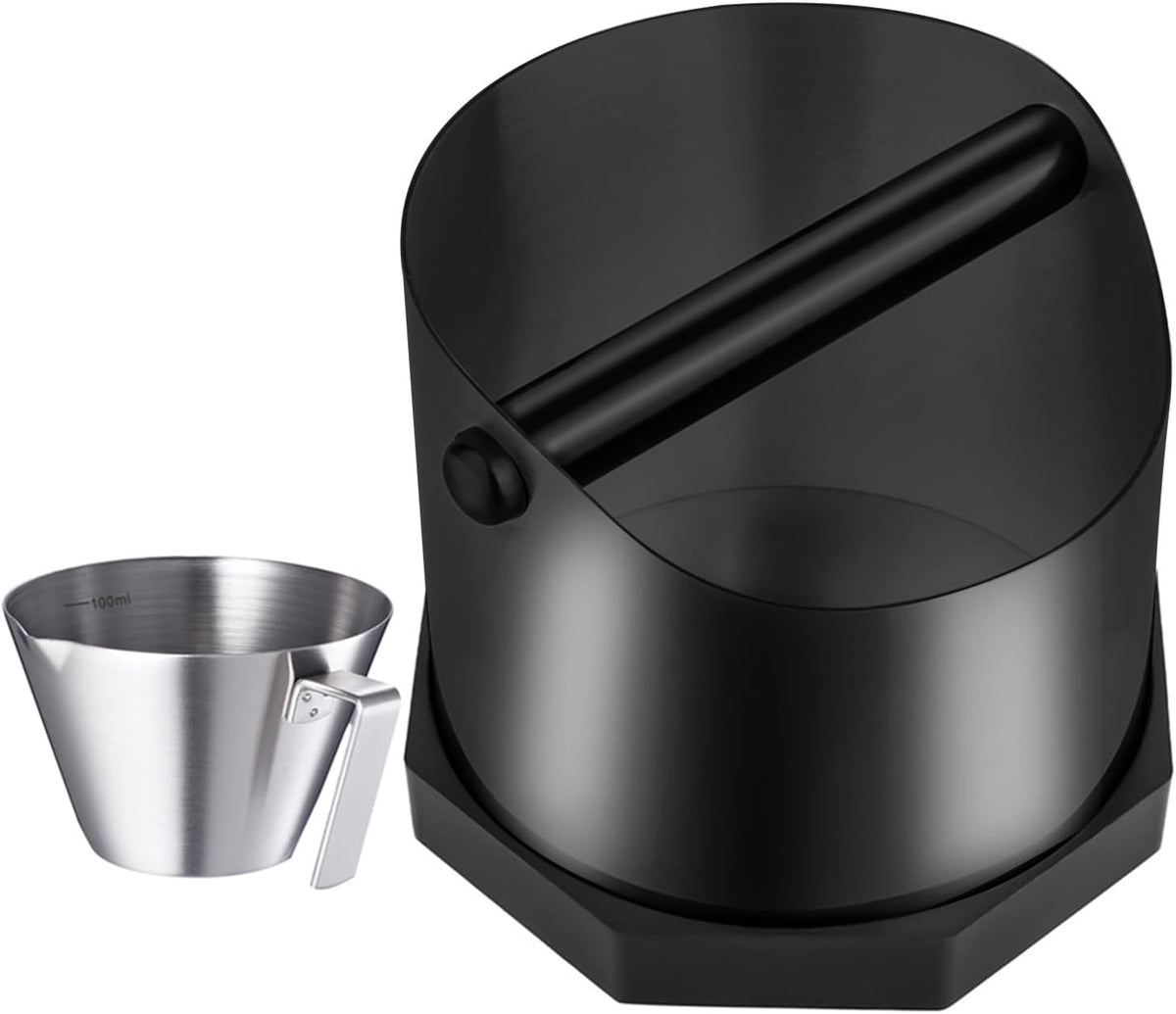 Coffee Knock Box, Large Capacity Espresso Knock Box with Non-Slip Base, Coffee Measuring Cup, Coffee Puck Knock Box Stainless Steel for Espresso Machine Coffee Grounds (Black)