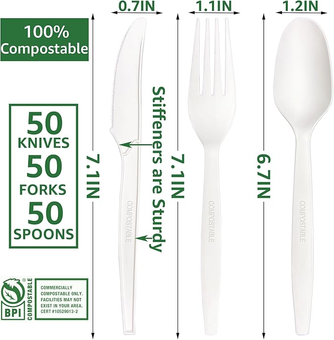 MISISIPI [7In 200Pcs] 100% Compostable Forks and Spoons Utensils Cutlery Silverware Heavyduty Eco-friendly Disposable Plastic free Forks and Spoons Utensils Cutlery Silverware for Party BBQ Lounge