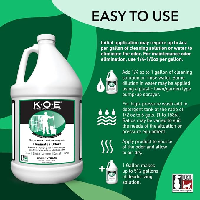 Thornell KOE Kennel Odor Eliminator Concentrate, Odor Eliminator for Strong Odors, Great for Cages, Runs, Floors & More, Pet Odor Eliminator for Home & Kennel w/Safe, Non-Enzymatic Formula, 128 oz