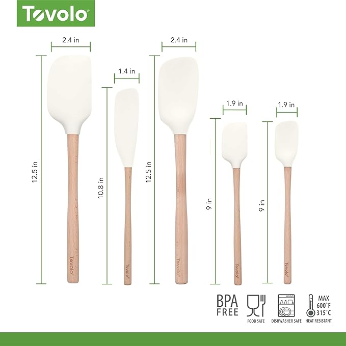 Tovolo Silicone Spatula with Wooden Handle Set of 5 Piece Silicone Kitchen Utensil Set Spoonula Jar Scraper Mini Spatula and Spoonula for Cooking Baking Mixing Folding White Cookware Set