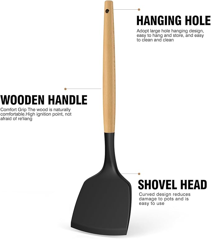 Silicone Cooking Utensils Set Utensil Sets - 446°F Heat Resistant Silicone Kitchen Utensils Set Wooden Handles, Silicone Utensils for Cooking w Holder for Non-Stick Cookware BPA FREE (Black)