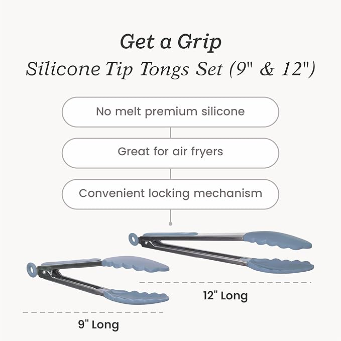 Starpack 'Get a Grip' Silicone Kitchen Tongs for Cooking (2Pcs) - BBQ Tongs for Grill Heat Resistant to 600°F - Stainless Steel Kitchen Utensils w/Non Stick Silicone Tips - 9",12" for Serving Food
