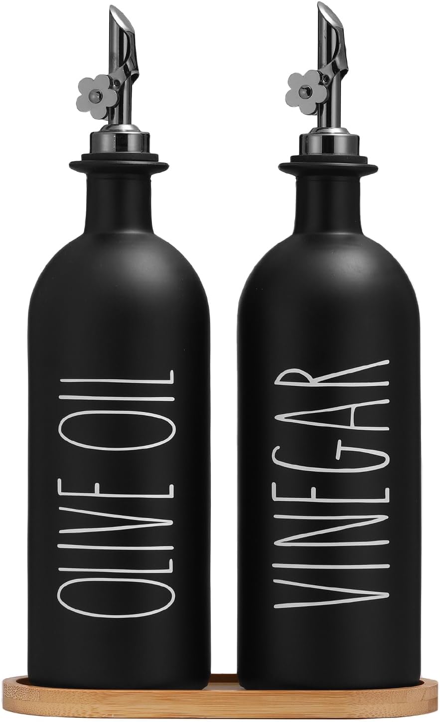 HOMCDALY 16oz Olive Oil Dispenser Bottles for Kitchen, Glass Black Oil&Vinegar Dispenser Set, Kitchen Olive Oil Bottles with Bamboo Tray| Set of 2 (16oz-P-Black)