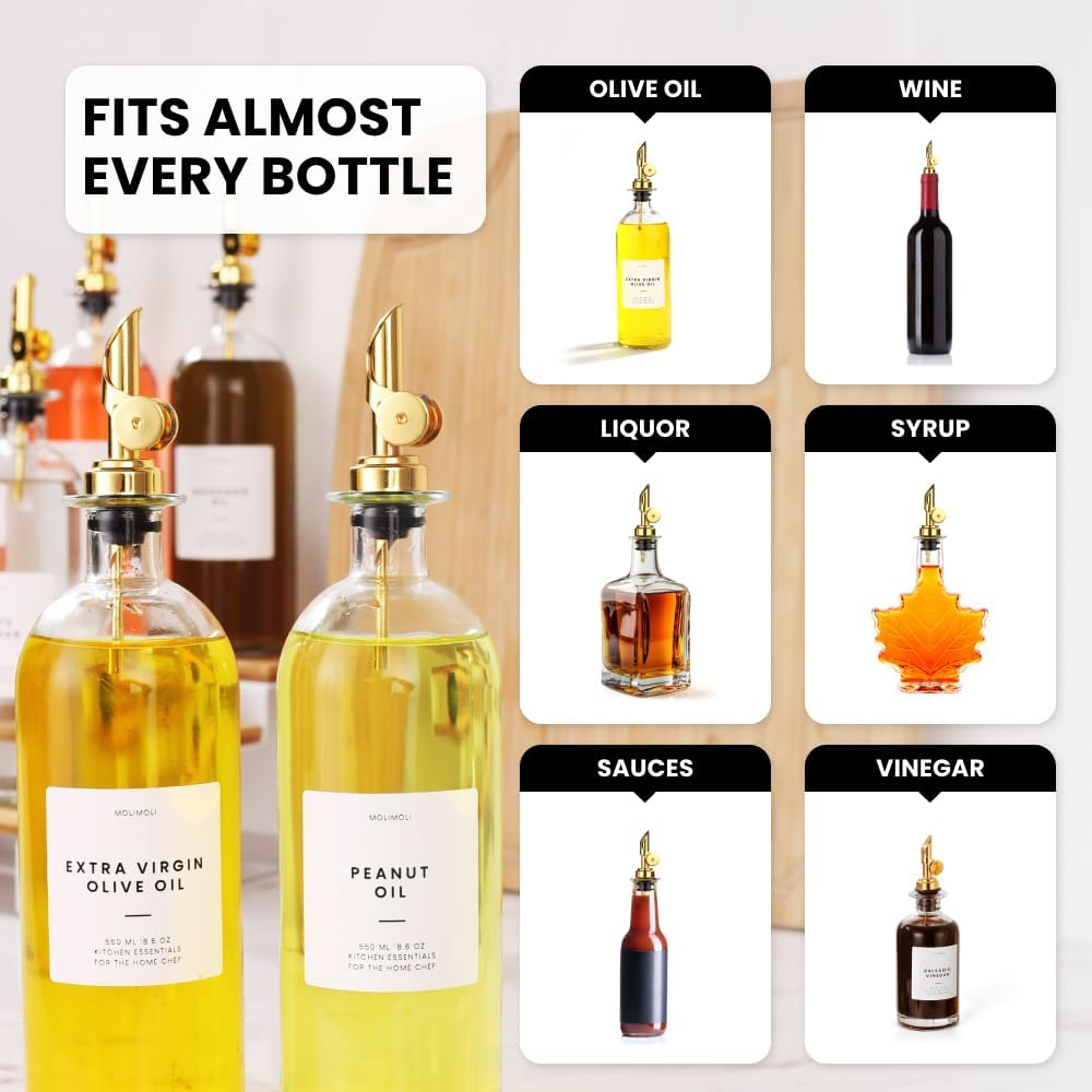Molimoli Liquor Pour Spout Made of Stainless Steel with Automatic Anti-Oxidation Mechanism, Bottle Pourers for Alcohol, Olive Oil Dispenser Spout, Wine Pourer Spout, Oil Bottle Spout, Pack of 4, Gold