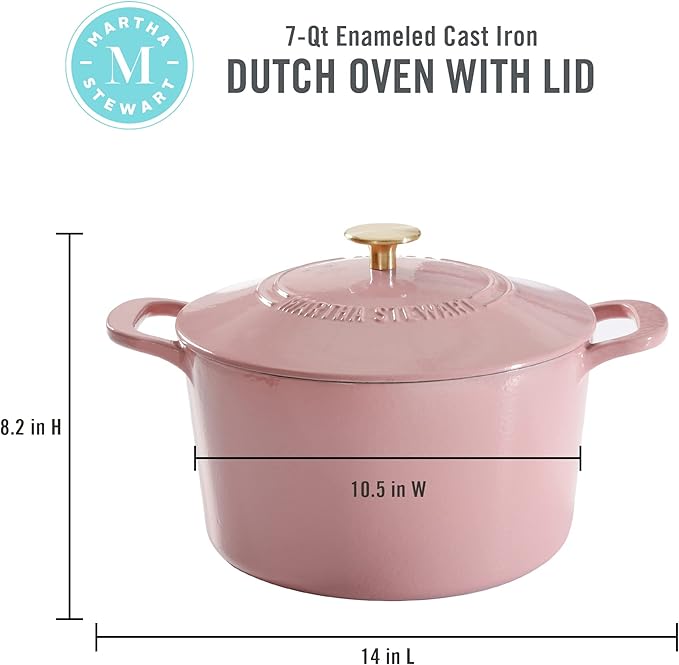 MARTHA STEWART Gatwick 7-Quart Enamel Cast Iron Dutch Oven Pot with Lid – Pink – Heavy-Duty Dutch Oven for Slow Cooking, Braising & Baking