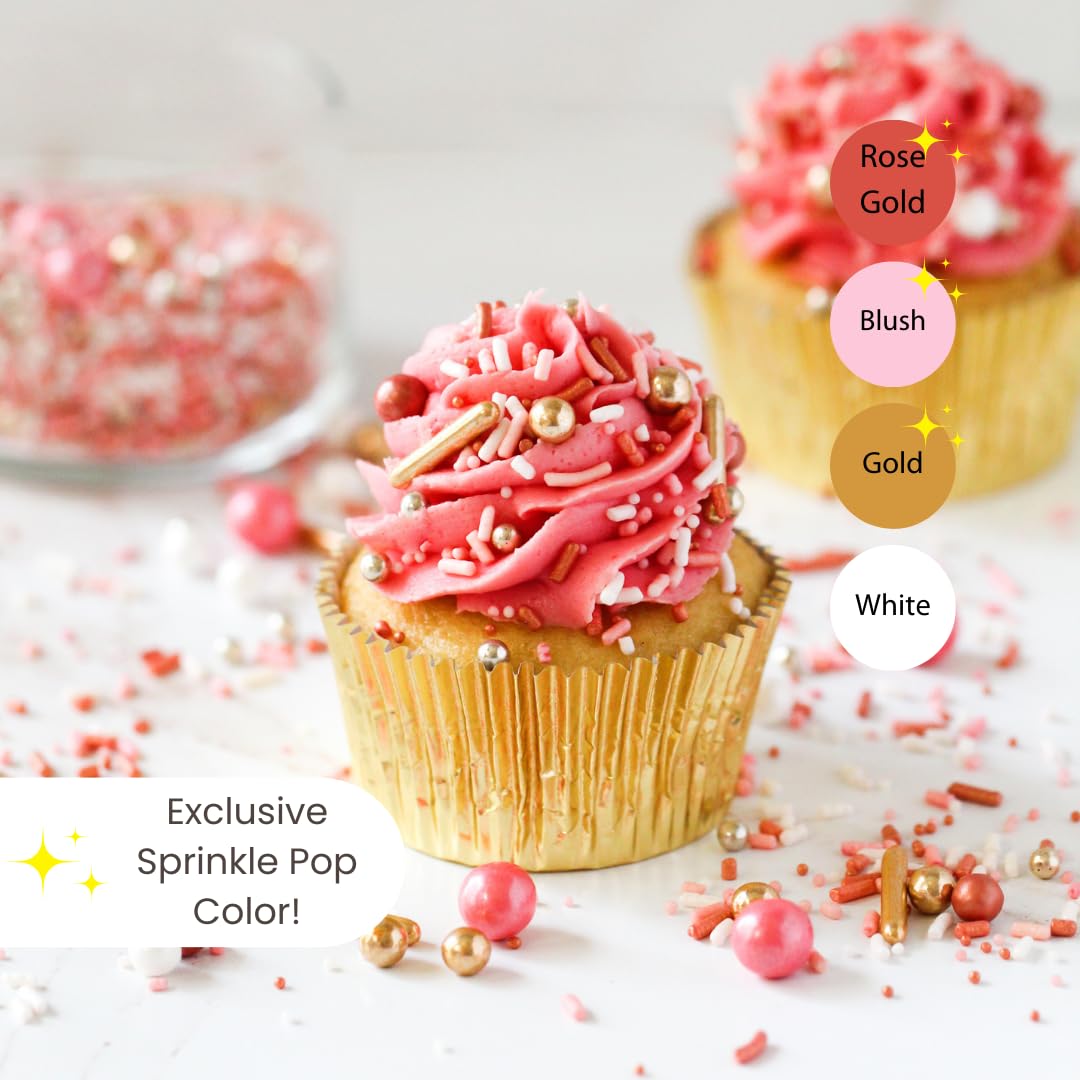 Sprinkle Pop Vintage Rose Gold Sprinkle Mix| Blush White Rose Gold Sprinkles with Gold Dragees| Sprinkles Made in USA for Decorating Wedding Bridal Shower Valentines Day Cakes Cookies Cupcakes, 2oz