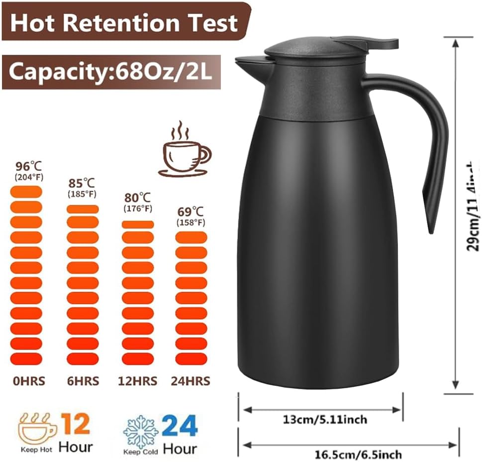 Thermal Coffee Carafe 70 oz / 2L Insulated Stainless Steel, Coffee Carafes Double Walled Vacuum Pot Flask - Hot Beverage Dispenser/Water, Tea - Keep 12/24 Hours Hot/Cold (Black)