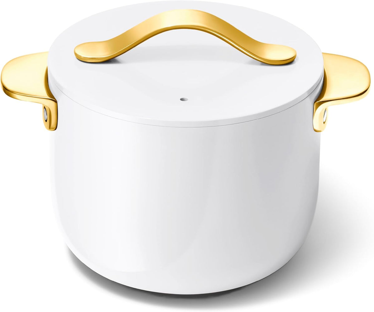 Caraway Petite Cooker - 2 Qt Ceramic Coated Pot - Free From Forever Chemicals - Perfect for Rice, Grains, or Sauces - White