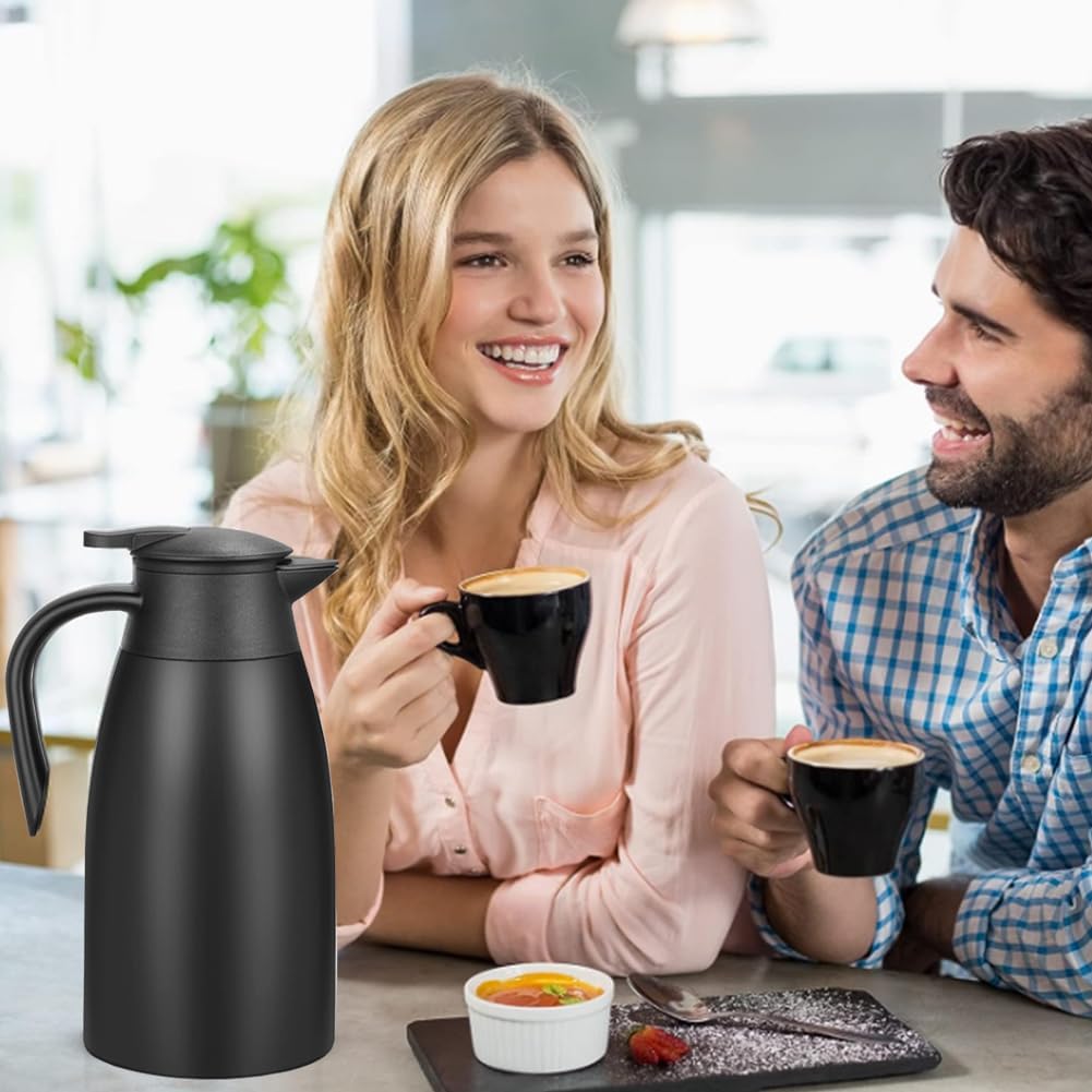 Thermal Coffee Carafe 70 oz / 2L Insulated Stainless Steel, Coffee Carafes Double Walled Vacuum Pot Flask - Hot Beverage Dispenser/Water, Tea - Keep 12/24 Hours Hot/Cold (Black)