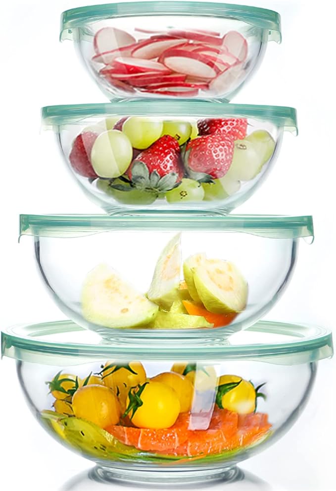 Luvan Glass Mixing Bowl with Airtight Lids, (1QT, 1.5QT, 2.5QT, 3.7QT), 8-piece Kitchen Salad Bowls Clear Nesting Big Cooking Bowl, Microwave Oven Safe for Meal Prep,storage,Baking,Serving